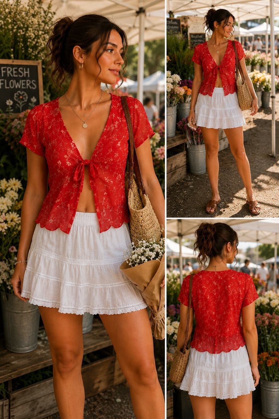 Ann Taylor Red Floral Tie Front Silk Blouse Size 10 Sheer Y2K Coquette Boho Top